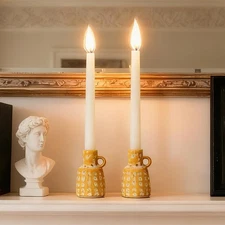 Ceramic Taper Candle Holder Decoration - Set of 2 Candlesticks with Handle Bo...