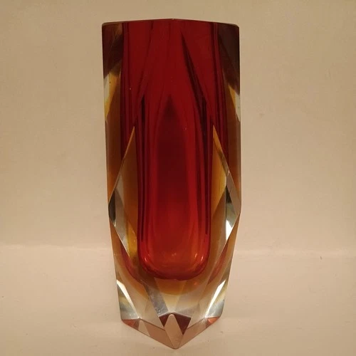 Vintage Murano Sommerso Faceted Red Glass Vase 6.5" No Chips or Cracks