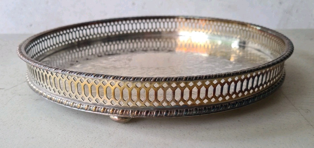 Antique EHP Chased Engraved Round Tray Sheffield 25cm Fair Condition — image 7