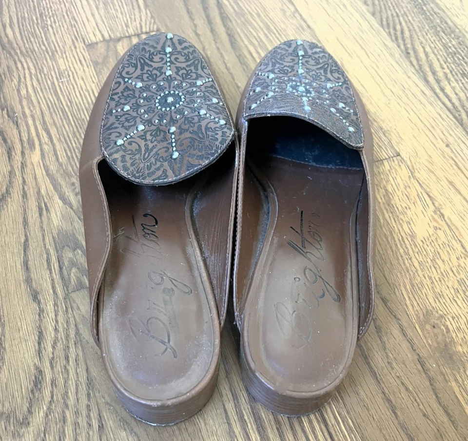 Brighton Feminino Tamanho 7.5 M Ícone Bagagem Vacchetta Laser Couro Marrom Sapatos Mules - Imagem 3 de 4