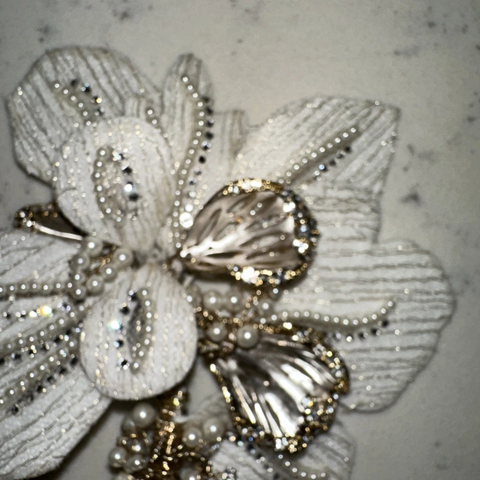 David's Bridal Floral Gold & White Rhinestones & Pearls Hair Clip - Image 3 of 4