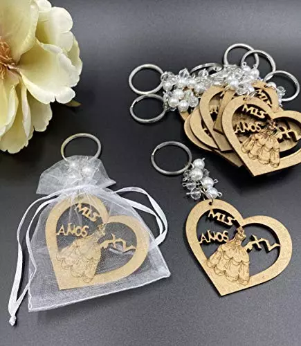 12 QUINCEANERA PARTY FAVORS RECUERDOS DE QUINCEANERA WOOD KEYCHAIN White BAG