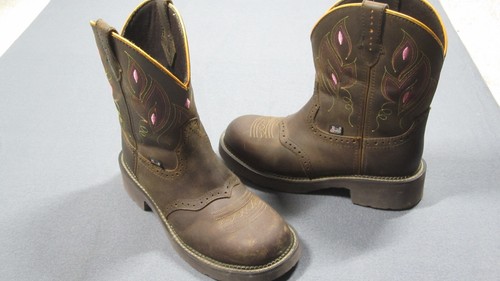 Justin Boots Women's 8.5 B Brown Leather Pink Stitching Square Toe Cowgirl Rodeo
