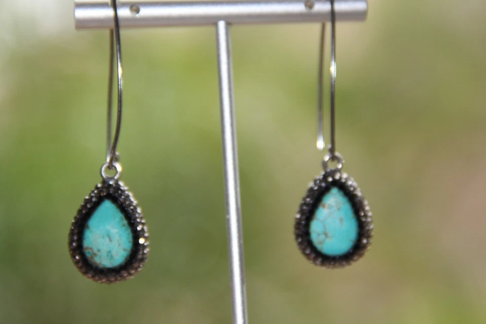 Sterling Silver Turquoise Hematite Threader Earrings. Gorgeous Drop Shaped - Image 2 of 4
