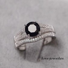 Round Cut 1.50CT Real Black Onyx Engagement Wedding Woman Ring Set 925 Silver