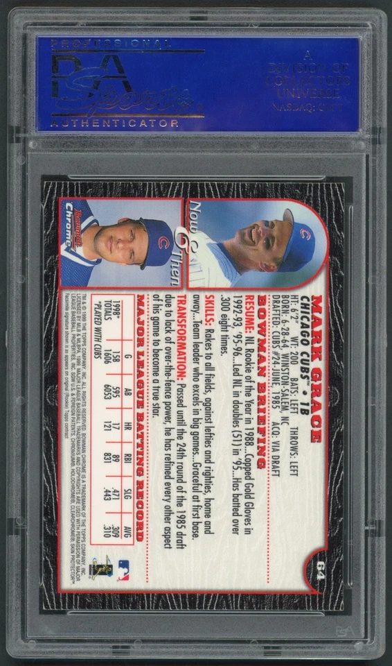 1999 Bowman Chrome Mark Grace Chicago Cubs #64 PSA 9 MINT - Image 2 of 2