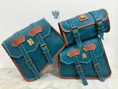 Dark Cyan Leather Motorcycle COMBO Saddle 3 Bag Swing Arm Front Fork Tool Bag