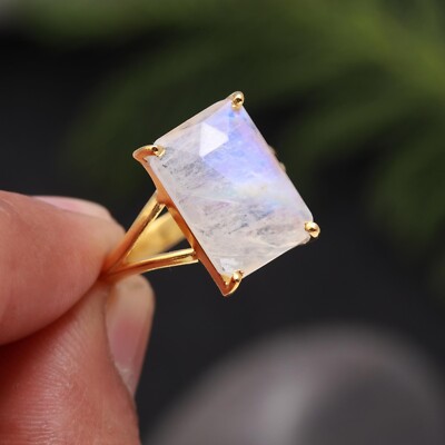 Natural Rainbow Moonstone Octagon Stacking Gold Platted Ring For Wedding Jewelry