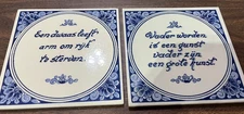 2 Delft Blauw Hand Painted Blue Holland Tiles/Trivets Words Of Wisdom