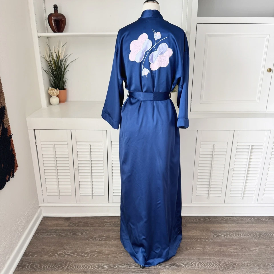 Conjunto de Camisón y Bata Floral Bordado Satinado Azul Marino Natori Vintage Talla S Foto 3 de 4