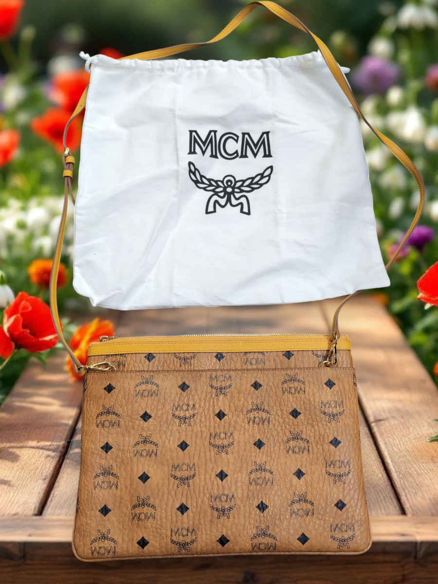 ストラップ Authentic MCM Crossbody Pouch in Visetos Original - Cognac with