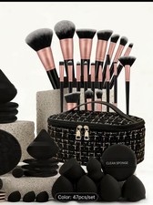 47 Piece Black Makeup Brush  Sponge Set with Storage Bag
