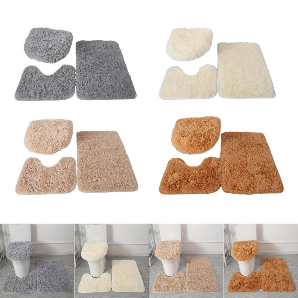 3x Bathroom Rug Set Bath Mat Toilet Lid Cover U Shape Rug for Bathroom