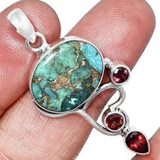 Kingman Copper Teal Turquoise & Garnet 925 Silver Pendant Jewelry P-1293