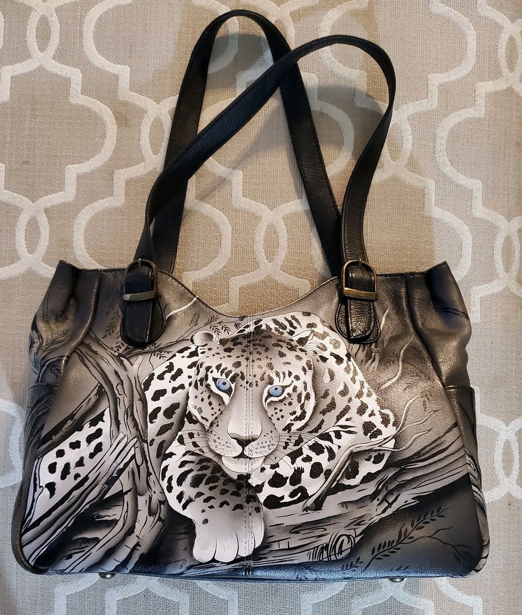 Anuschka All Leather Hand Painted Snow Leopard Handbag Purse With Dust  Cover EUC