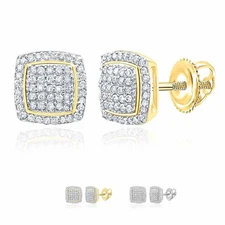 0.33CTW Natural Diamond 18K Gold Over Silver Yellow White Square Stud Earrings
