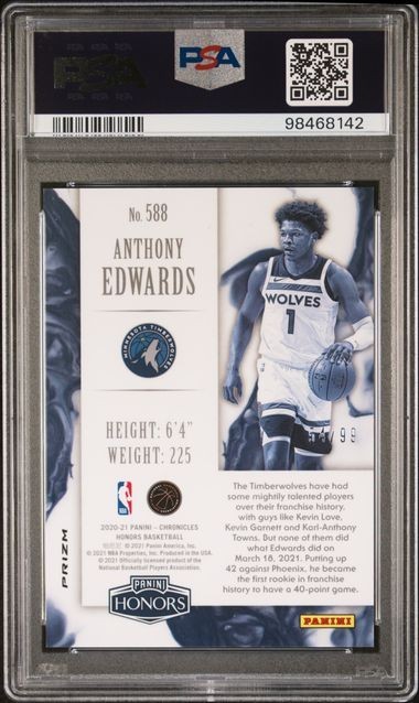 2020 Panini Chronicles ANTHONY EDWARDS Honors BLUE Refractor /99 RC PSA 10 GEM! view 2