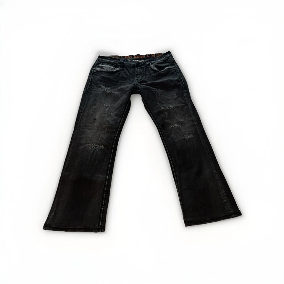 Pantalones de mezclilla rectos ajustados negros Rock Revival Triton para hombre 36 x 32 desgastados Foto 4 de 4