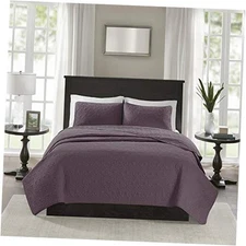  Quebec Quilt Set - Luxurious Damask Stitching Design, Cotton Full/Queen Purple