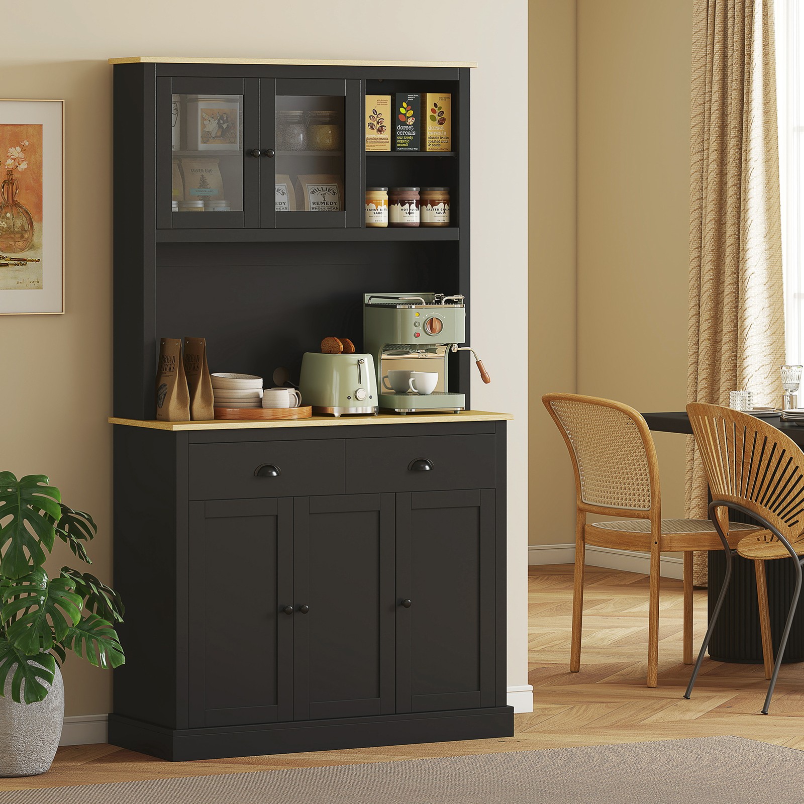 Kitchen Cabinet with Microwave Stand, 71" Pantry Cabinet, Black