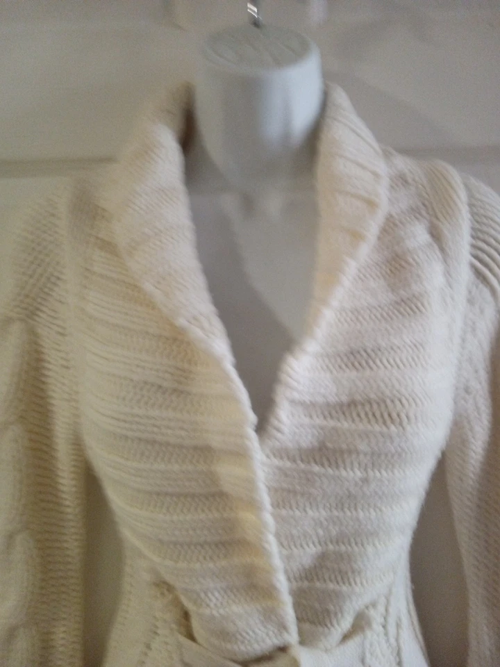 Bebe Winter White Cable Knit Sweater Jacket Shawl Collar Tie Front Duster XS - Image 4 of 4