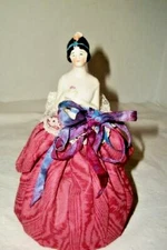 Antique Germany Half Doll Pin Cushion Flapper Deco Tie Dyed Silk Bow New Dress