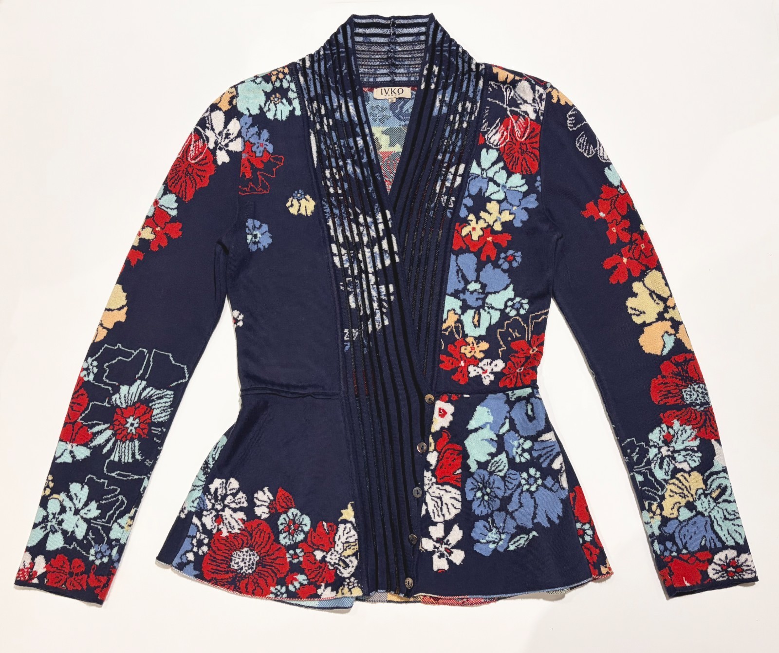 IVKO Woman Fitted Sweater Cardigan Jacquard Knit 100% Cotton Size 36 US S