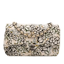 Authenticated Chanel Medium Classic Chevron Tweed Floral Double Flap Ivory