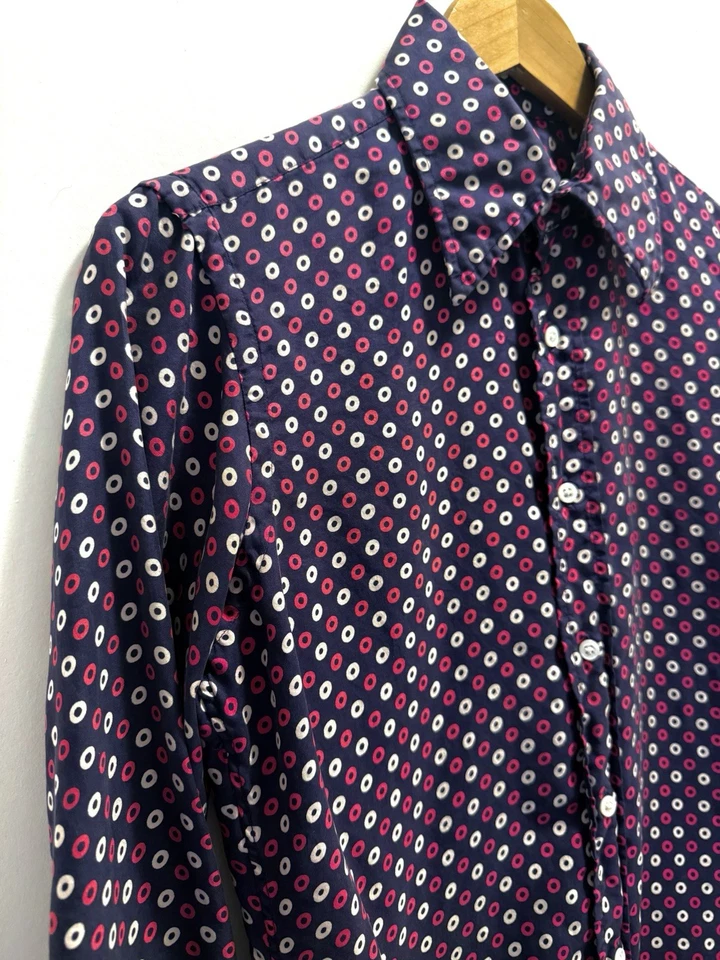1960s Vintage Frank Bros Silk Shirt Small Mod Circle Dots Blue Long Sleeve - Image 2 of 4
