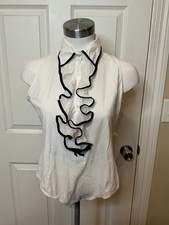 Anne Fontaine White Ruffle Sleeveless Bodysuit Black Trim, Size 12 | 44