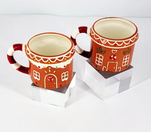 New Pair Holiday Time Christmas Gingerbread House Stoneware Hand Painted Mugs - Picture 2 of 12