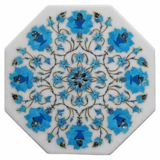 Piano Del Tavolo Angolare In Marmo 12" Arte In Rilievo Fiori Fatto A Mano