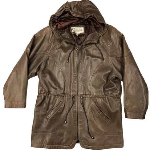 Leather Jacket Brown With Hood Sz 