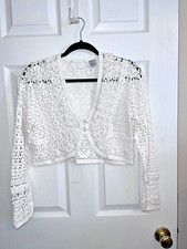 Vintage 90s Y2K White Crochet Grunge Coastal Boho Sequin Beaded Crop Cardigan M