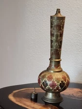Vintage  Brass Hand Etched Painted Lamp Base  14" 