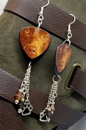 Chocolate Lab Guitar Pick Earrings with Swarovski Crystal Dangles - Picture 3 of 5