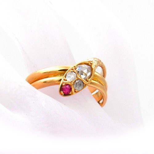 Antiker Schlangenring in 18K Gold Ring mit Rubin und Diamanten um 1880 - Picture 2 of 7