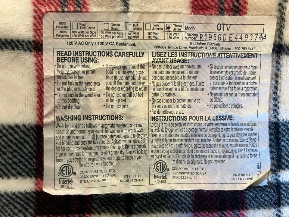 Biddeford Micro Peluche Eléctrico Calentamiento Tiro Calor Manta Cuadros 60x50 tc Foto 4 de 4