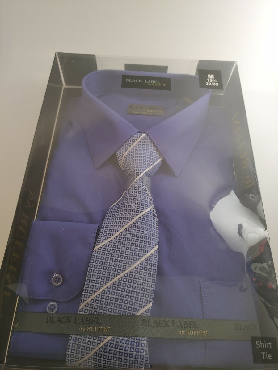 black label by ruffini dress shirt New Black Label By Ruffini Men's Dress Shirt & Tie Size M, Slim Fit Stretch  k90