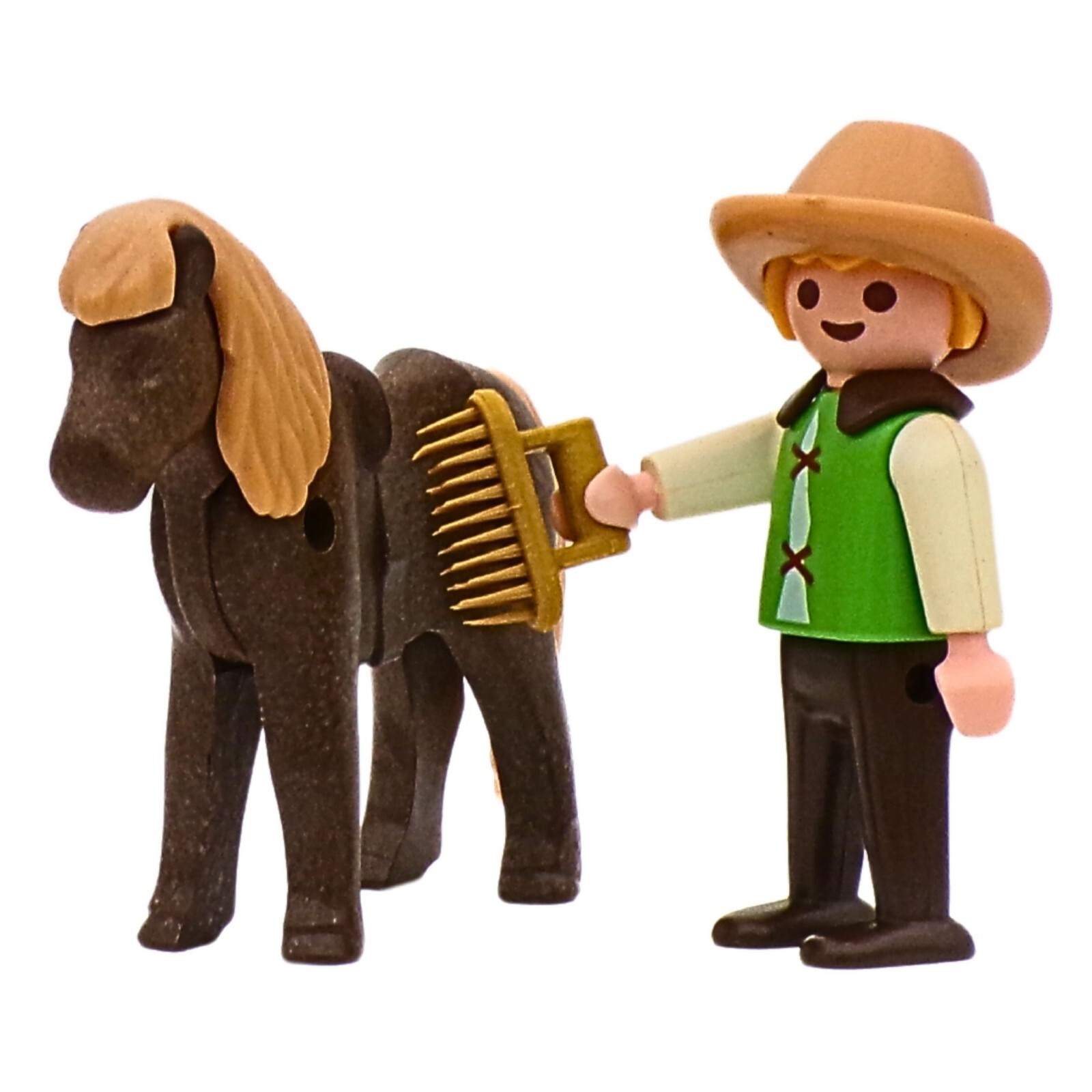 Lotto Playmobil bambino verde pony marrone cappello spazzola fattoria