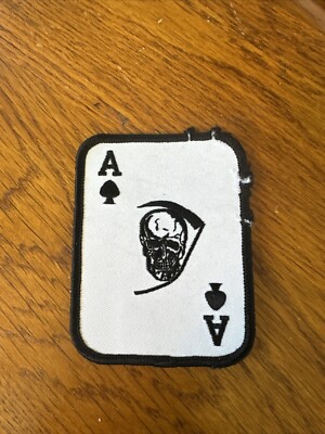 The Ace Card Iron On Patch Skull Grimm Reaper Scythe Black On White Embroidered