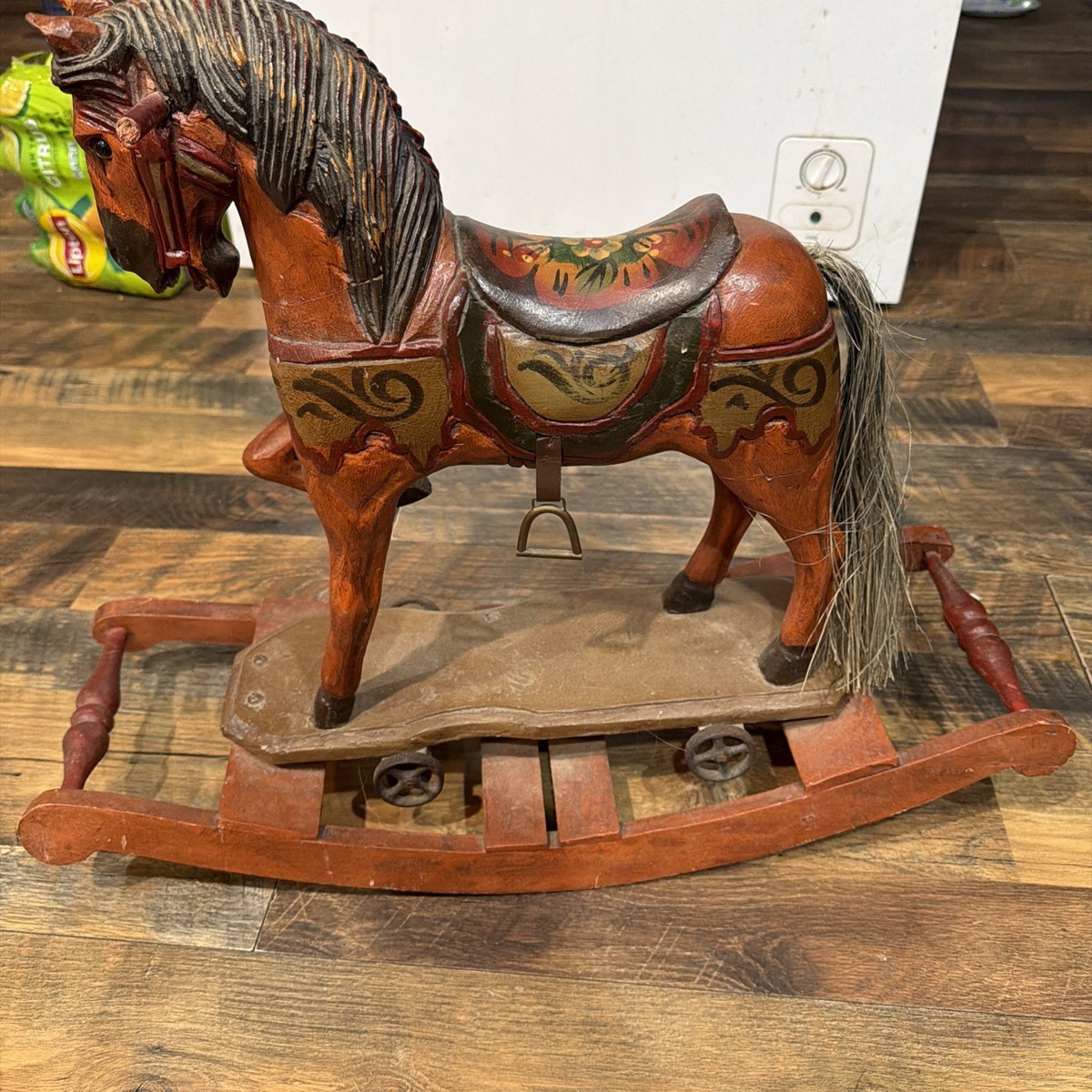 Vintage Hand Carved Painted Wooden Rocking Horse 24x19