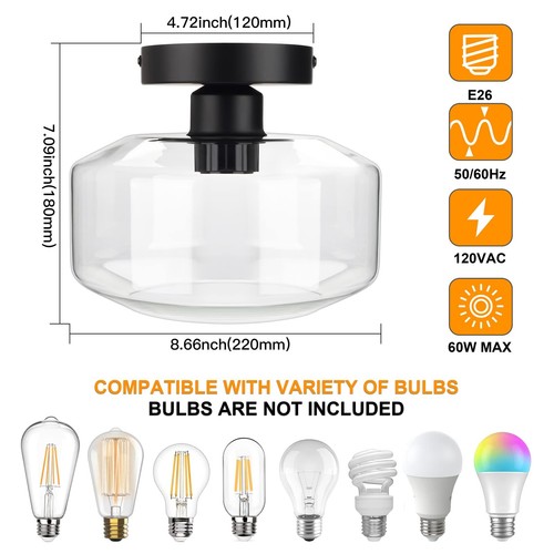 Industrial Semi Flush Mount Ceiling Light, Clear Glass Pendant Lamp Shade, Fa... - Picture 2 of 9