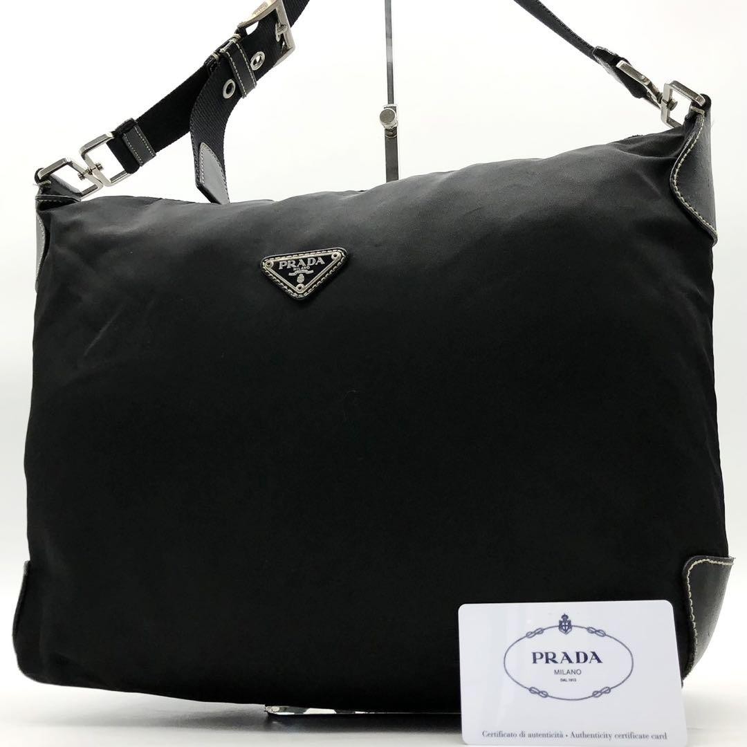 Prada Nylon Leather Shoulder Bag Black Triangular Logo Authentic Used