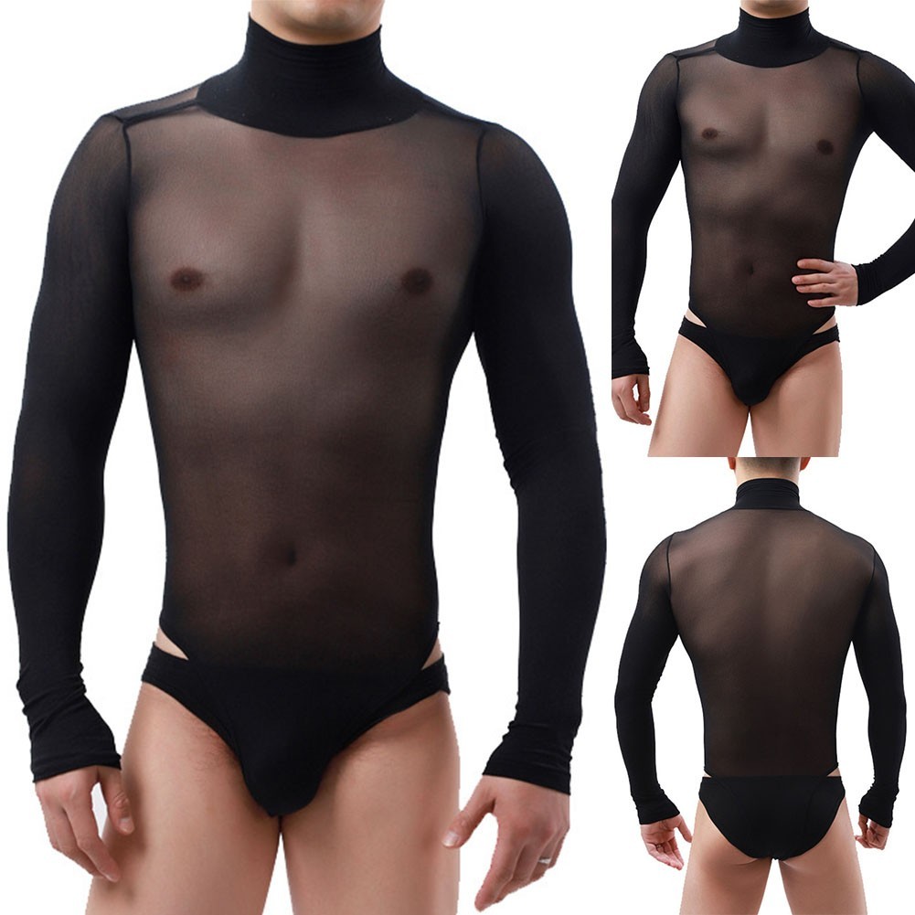 Body de hombre cautivador transparente cuello alto y manga larga