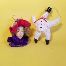 Odd Ornament Lot Of 2 Starfish Snowman And Sad Lady Head Wearing Hat