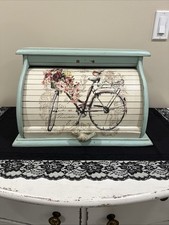 Large French Country Roll Top Handmade Teal Cream Bread Box Cast Iron Bird &Bike