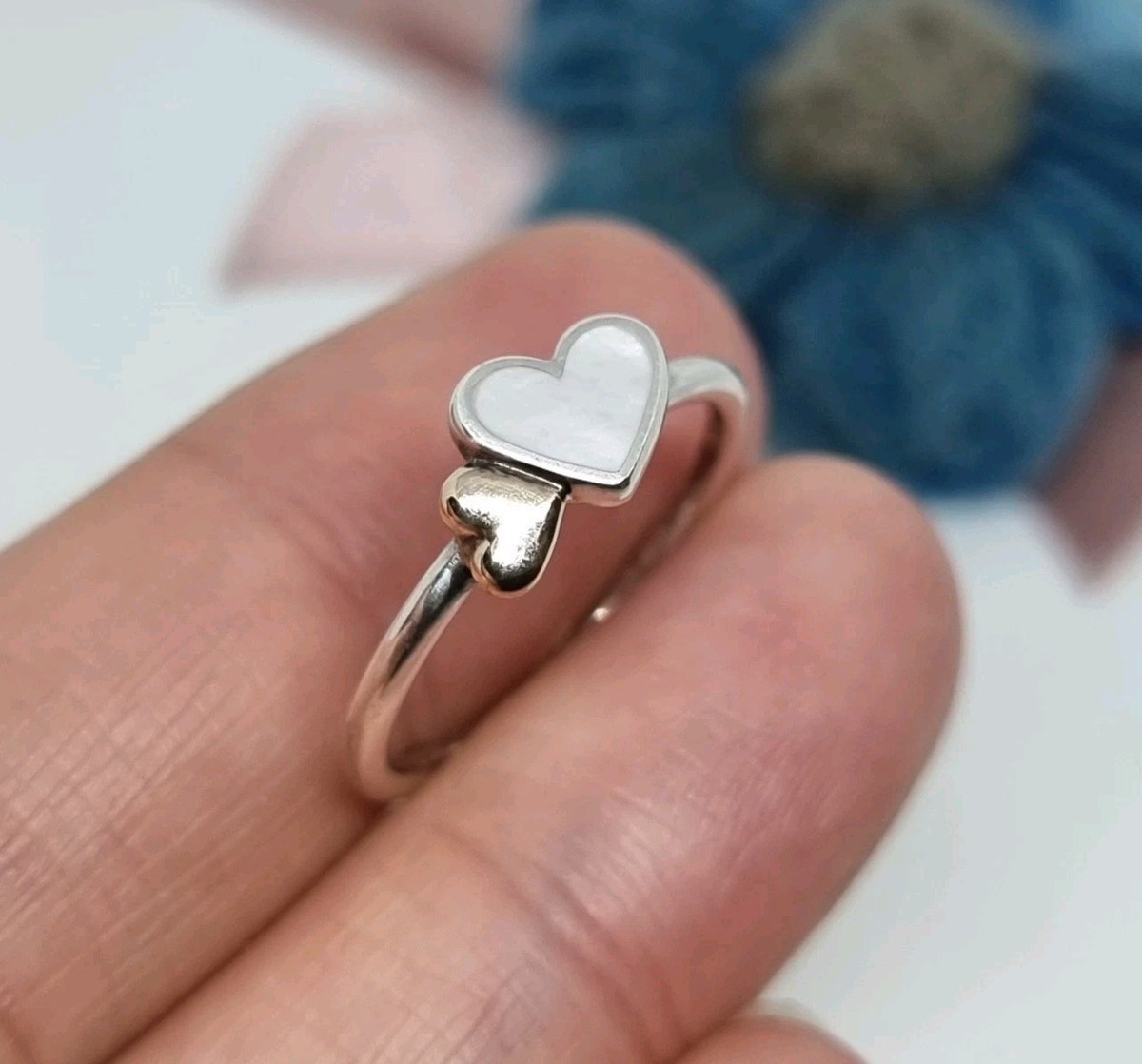 Genuine Pandora Silver & 14k Gold Mother of Pearl Hearts Ring Size