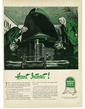 1946 Quaker State Motor Oil men checking under hood New car showroom Print Ad
