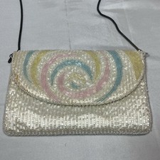 Vintage White Beaded Clutch Purse Pastel Swirl Chain Strap Seed Beads Bridal